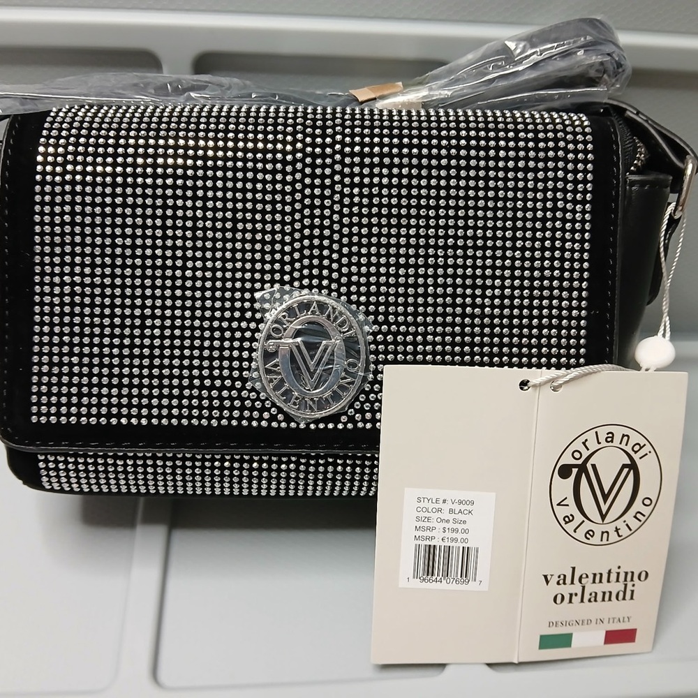 Valentino Orlandi Black and Silver Crossbody Bag with Crystal Accents